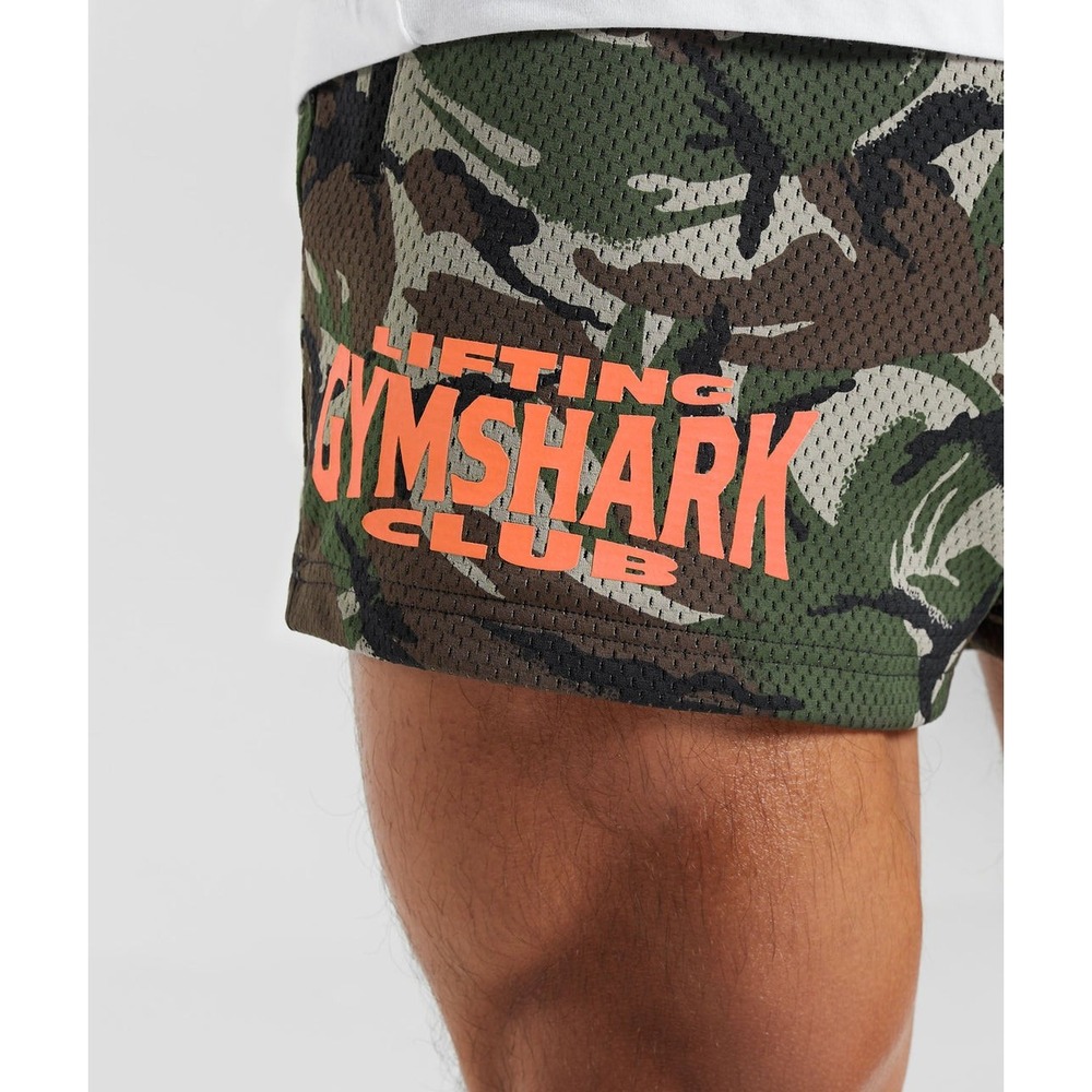 Gymshark Mens Lifting Club Printed Mesh 5" Shorts Camo Green Orange Size S - Picture 5 of 12